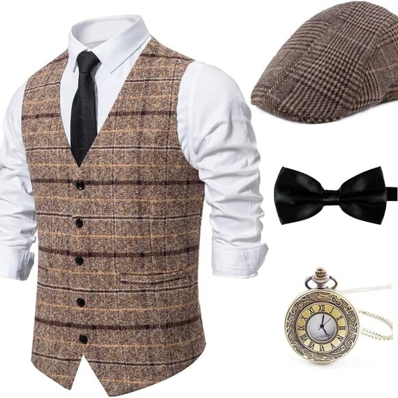 1920s Mens Costume Gatsby Gangster Vest Fedora Hat Suspenders Bow Tie Costume Ac - Picture 1 of 5